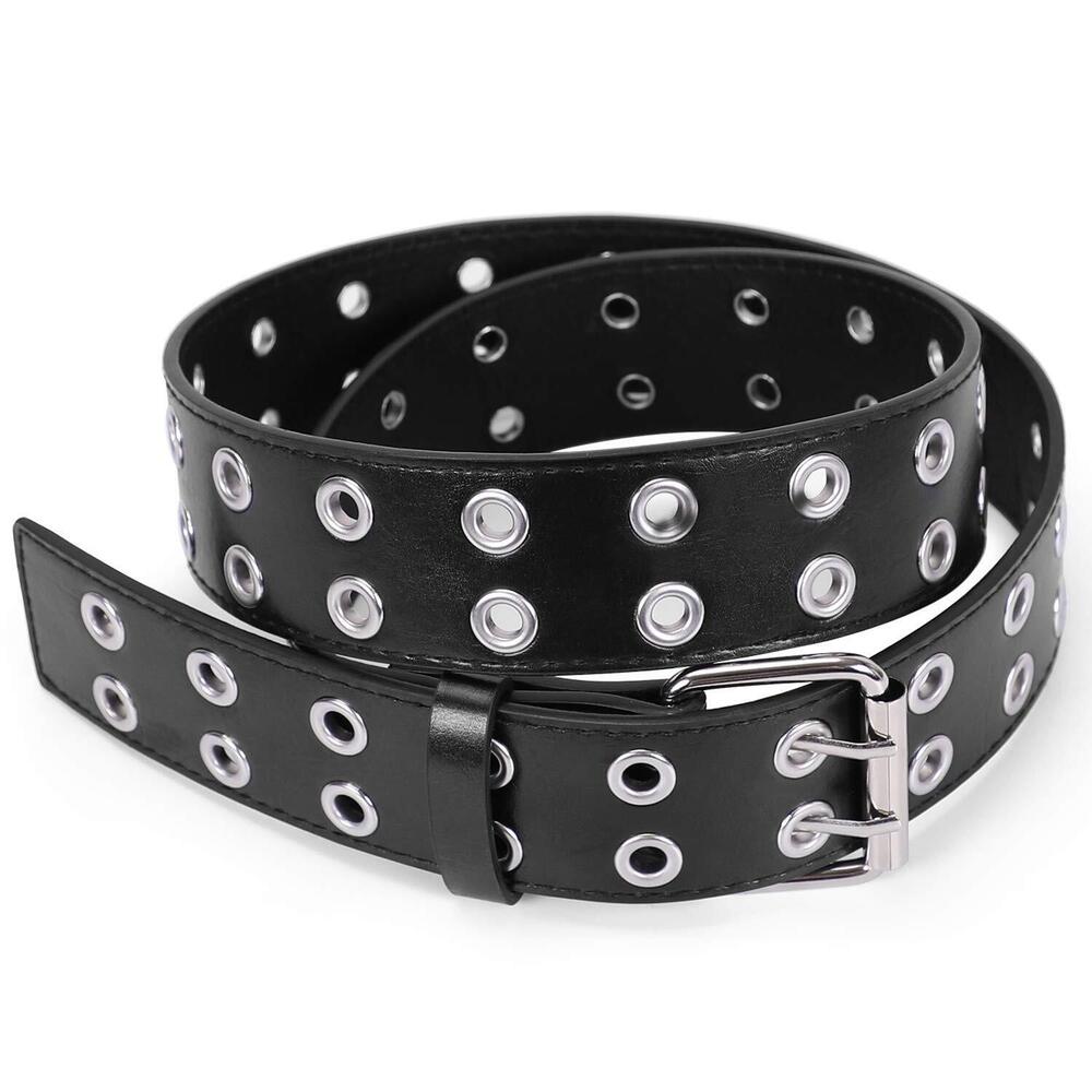 4434 Double Grommet Belt For Women Men Pu Leather Prong Buckle Vintage